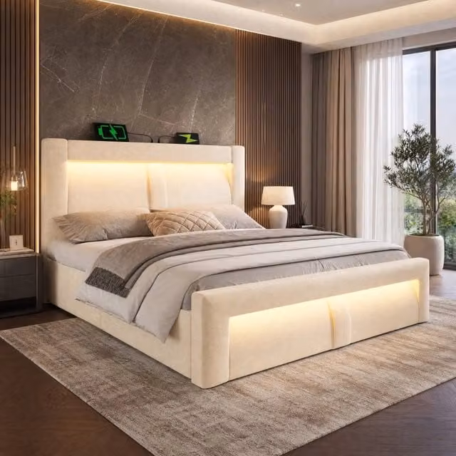 Letto 180x200 cm con contenitore, LED e porte USB in velluto beige