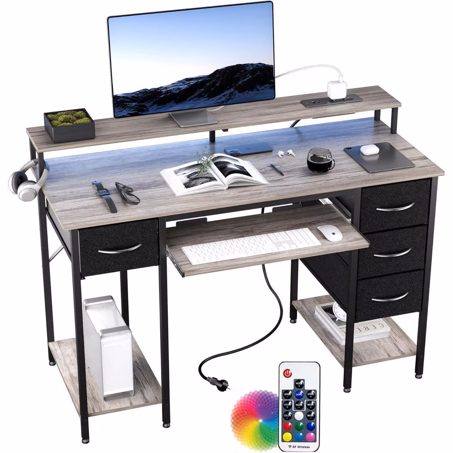 Scrivania da gaming con prese e illuminazione LED, 120x50 cm, grigia. Scrivania per computer con cassetti e ripiano