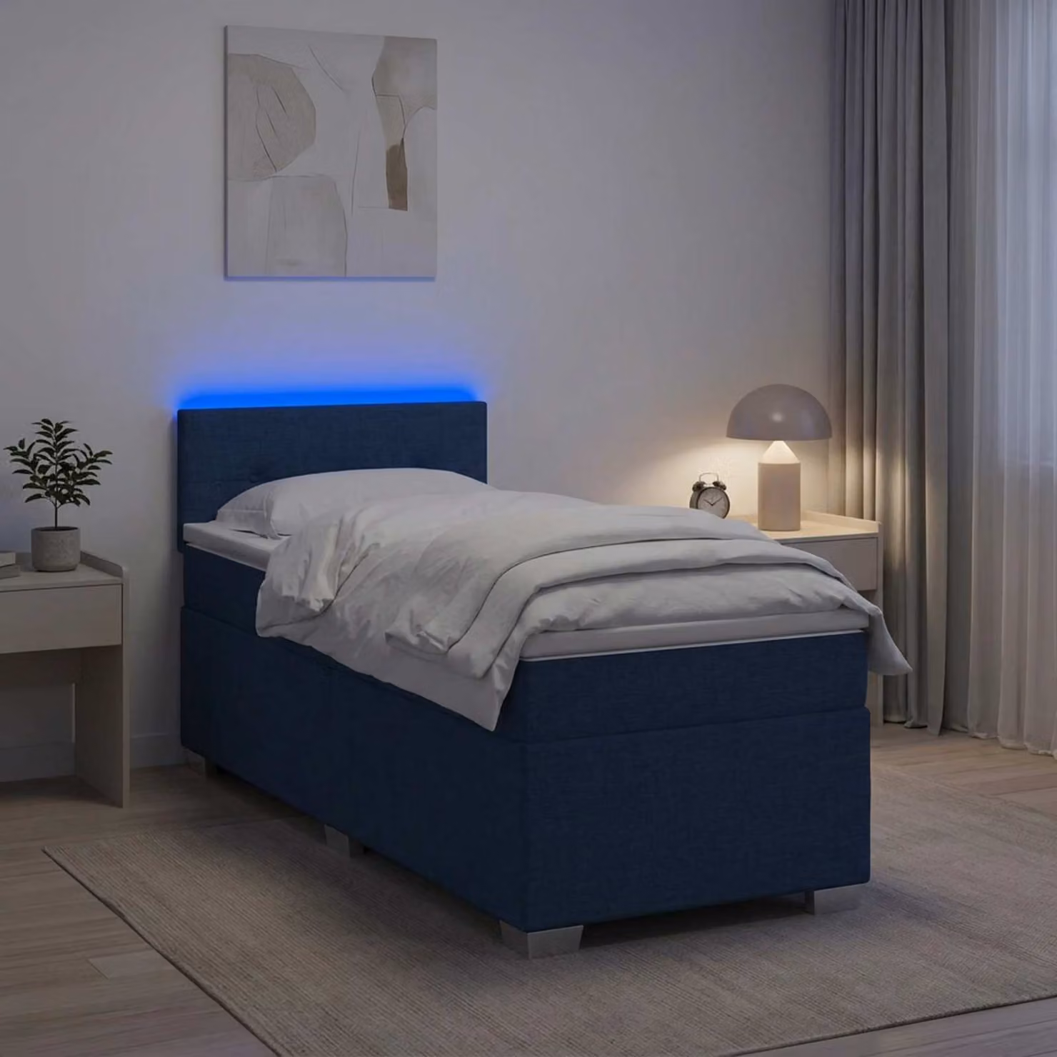 Letto con Box Spring vidaXL con Materasso Ibrido e Illuminazione LED Blu, Tessuto Bianco e Blu, L/P: 100 x 200 cm