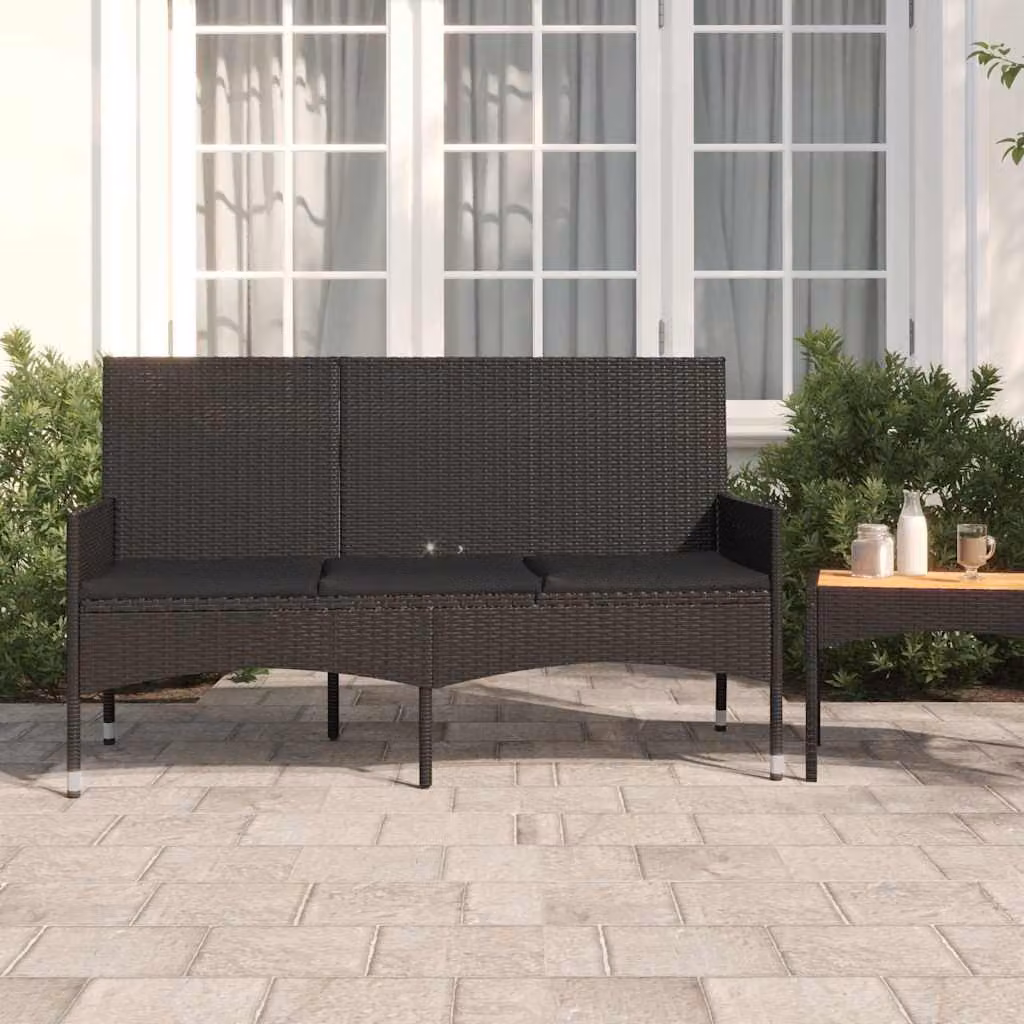 vidaXL Panca da Giardino a 3 Posti in Polyrattan e Metallo con Cuscini in Tessuto, Colore Nero
