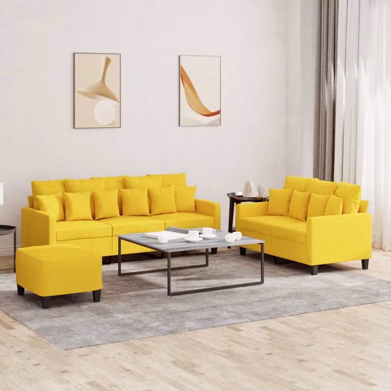 Set di divani moderno vidaXL in tessuto giallo con pouf e cuscini per soggiorno