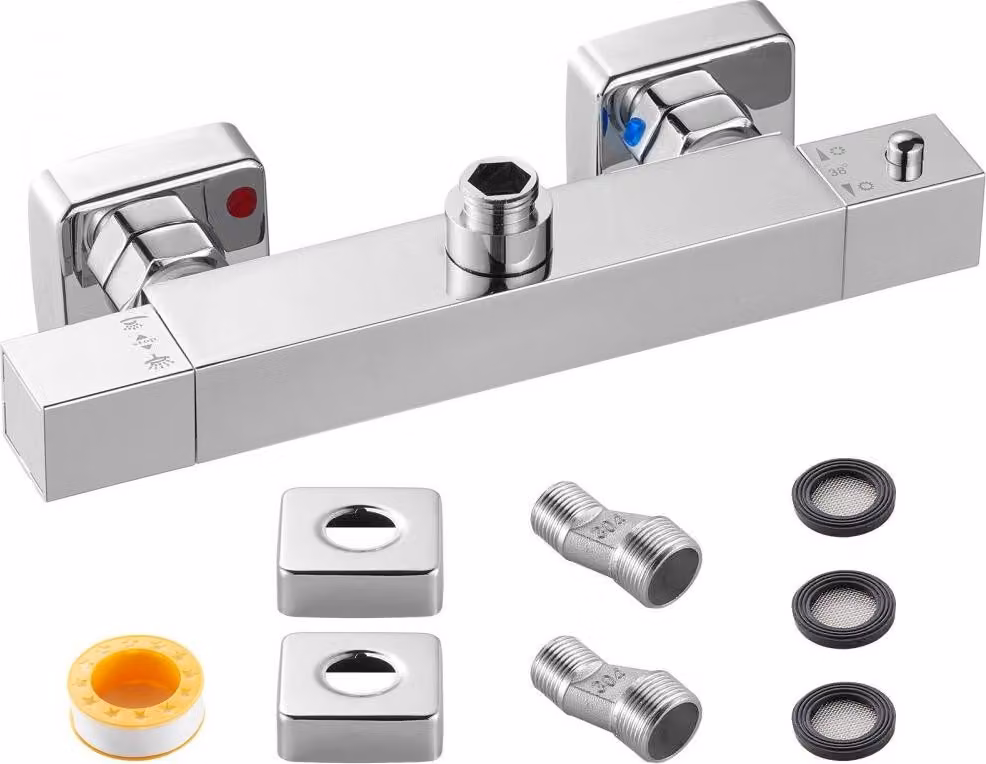 Rubinetto per doccia con termostato - Termostato per doccia con blocco di sicurezza a 38 °C - Rubinetto per doccia cromato-argento - Rubinetto per vasca da bagno (2 fori) - Valvole di regolazione della temperatura per bagni, camper, hotel