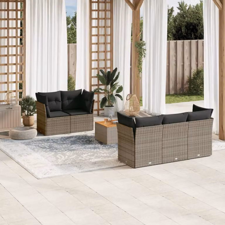 Set Divano da Giardino vidaXL 6 pz in Polyrattan con Cuscini e Tavolino, Forma a L, Grigio e Marrone