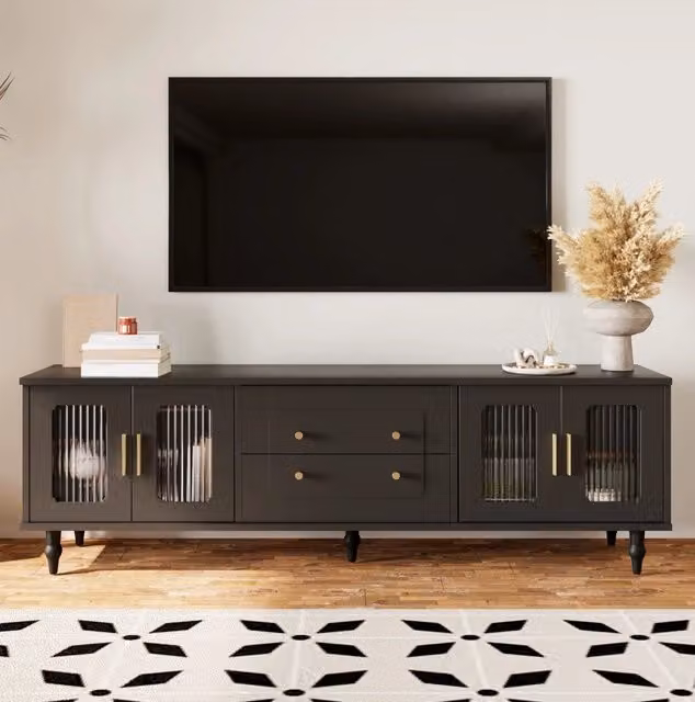 Mobile TV in stile retrò con ante in vetro rigate, maniglie dorate e gambe in legno massello, 175x38x55,5 cm, colore nero