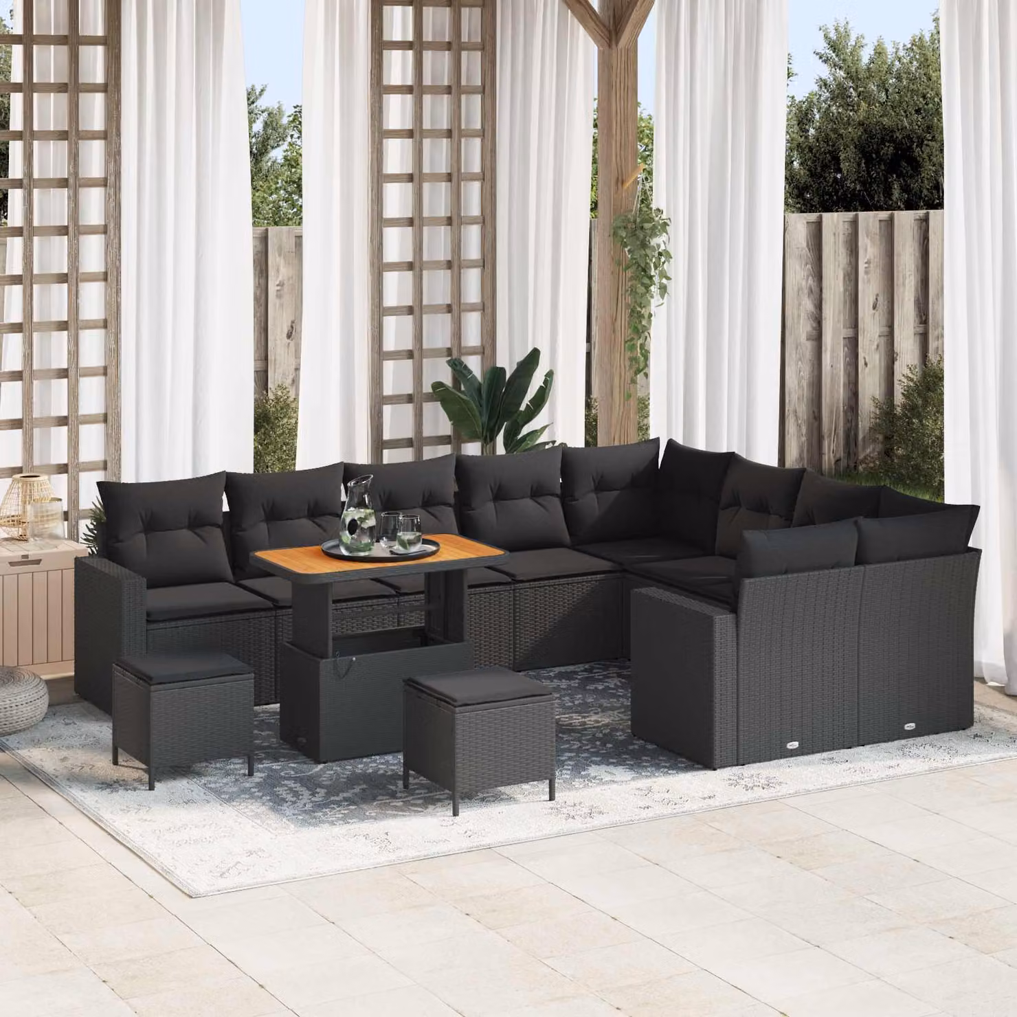Set Divano da Giardino vidaXL 13 Pezzi Nero con Cuscini e Struttura in Metallo e Polyrattan per 10 Persone – 1