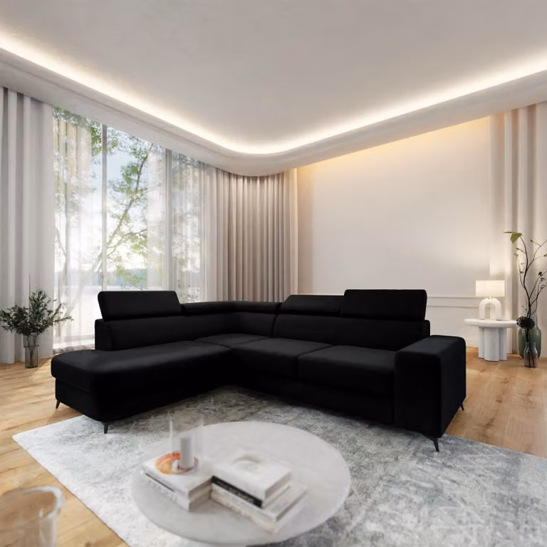 Divano angolare Masseno ALVORO L-S con funzione letto a L, divano con box letto, divano da salotto, divano, divano letto, set di divani - nero, MATT VELVET 99