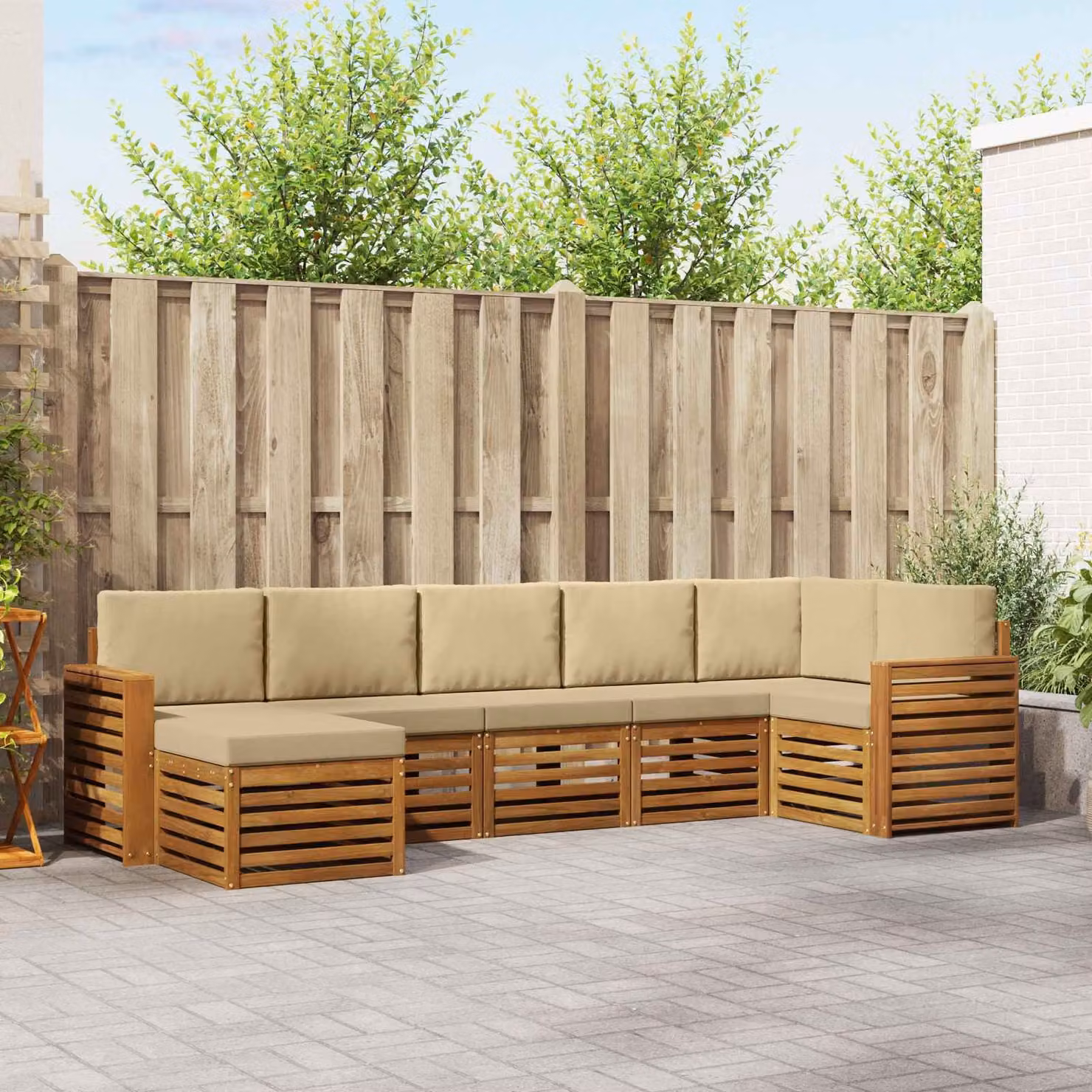 Set di divani da esterno vidaXL 7 pz in legno di acacia con cuscini beige e naturale
