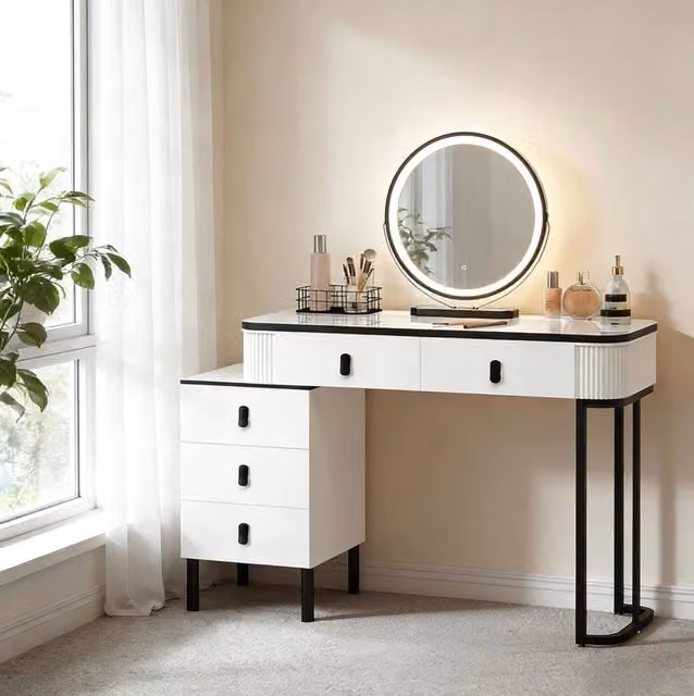 Tavolo Vanity Make-up con Specchio LED Dimmerabile, 100x125x40 cm, Nero e Bianco