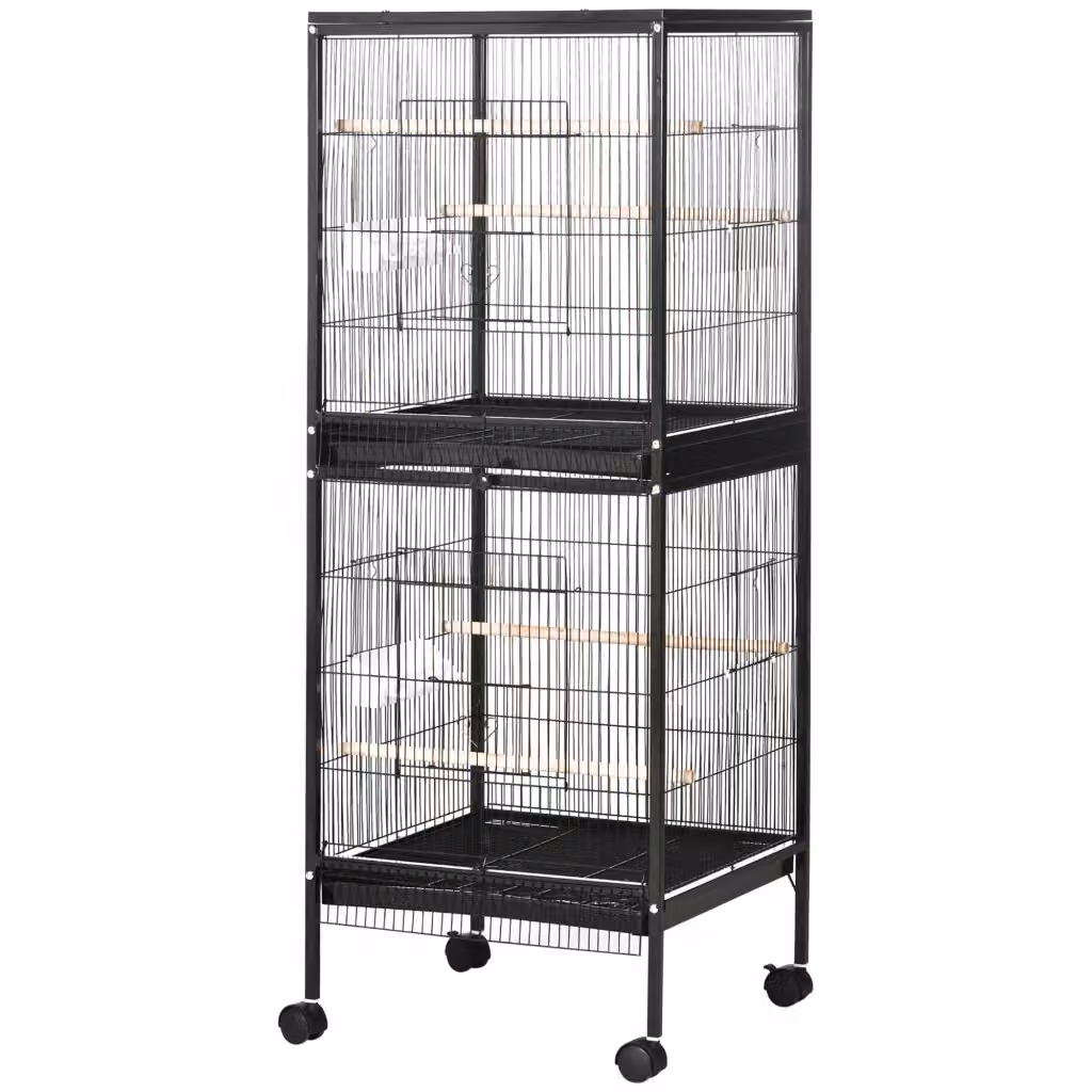 Gabbia per Uccelli Minimal a 2 Livelli con Ruote e Vassoio Estraibile, Colore Nero, H 140 x L 51.5 x P 50 cm – 2