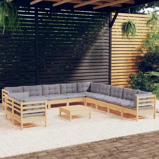 Set di Divani da Giardino a Forma di U vidaXL in Legno di Pino Massello con Cuscini Grigi – 1