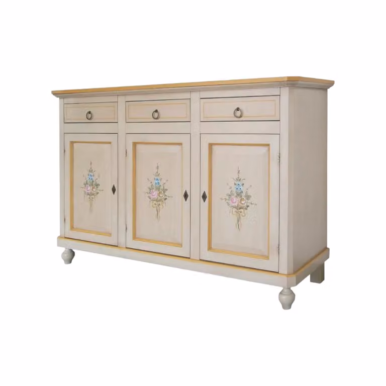 Madia credenza con 3 porte e decori floreali in stile vintage color avorio patinato Mobili 2G L/P/H: 150 x 43 x 98 cm