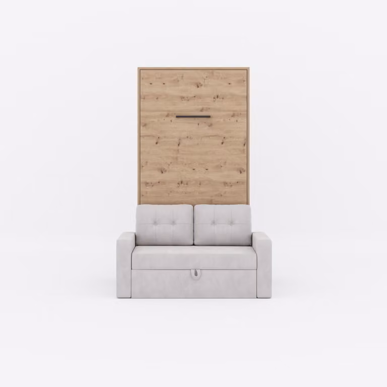 Letto a scomparsa M3 (profondità 55 cm) verticale 100x200 incl. divano grigio sabbia Rovere selvatico