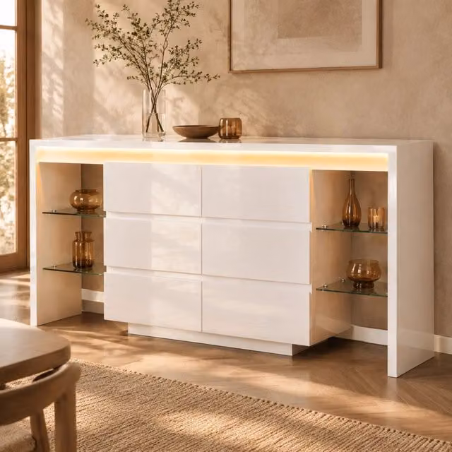 Credenza 155x40x80 cm in MDF e truciolare con LED, 6 cassetti e ripiani in vetro