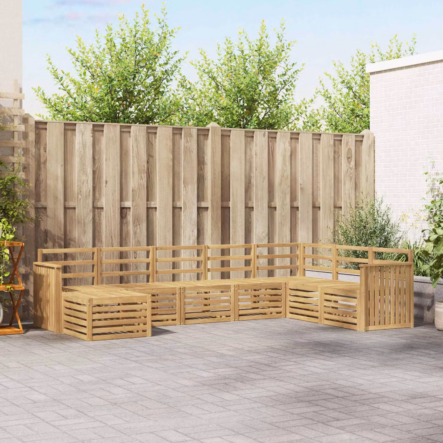 Set di divani da esterno vidaXL a forma di L in legno di acacia massello con cuscini bianchi, 8 pezzi