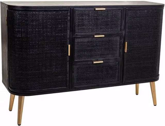 Credenza legno e rattan nero e oro 115x35x77cm