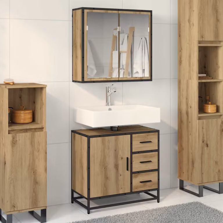 Set di mobili per il bagno moderno vidaXL composto da mobile sottolavabo e armadietto con specchio in legno e metallo marrone L/P/H: 60.0 x 39.36 x 65.0 cm