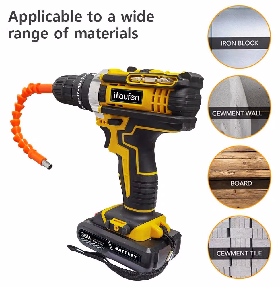 Trapano avvitatore a batteria 3-in-1 - 36 V - 2 batterie - Valigetta porta attrezzi - 10 mm - Giallo