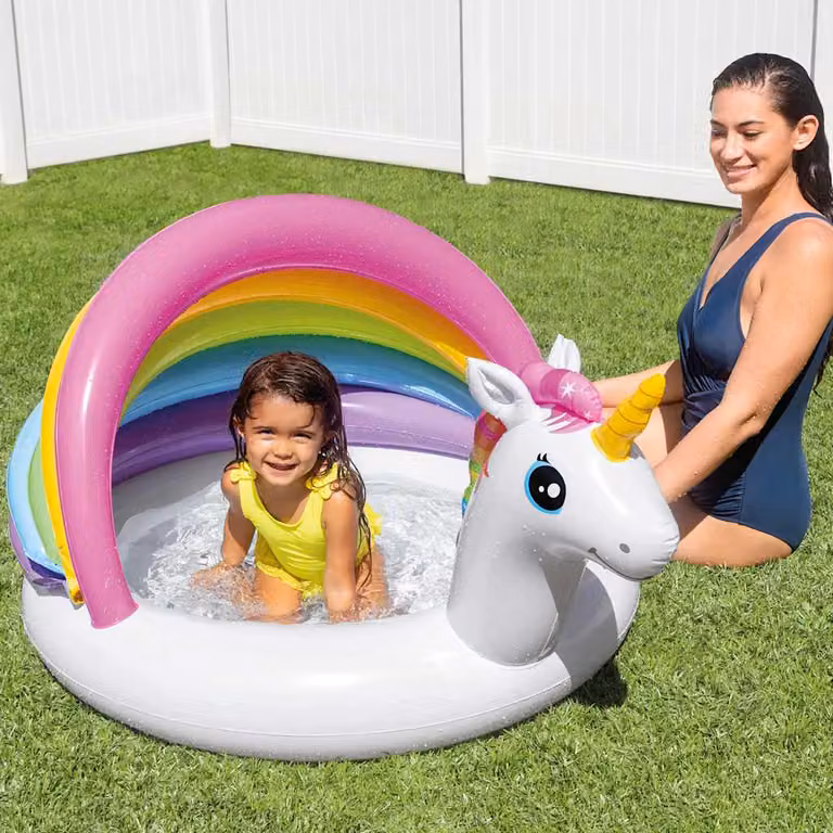 Piscina gonfiabile per bambini Intex Unicorn multicolore con canopy e fondo gonfiabile L: 127 cm, P: 102 cm, H: 69 cm