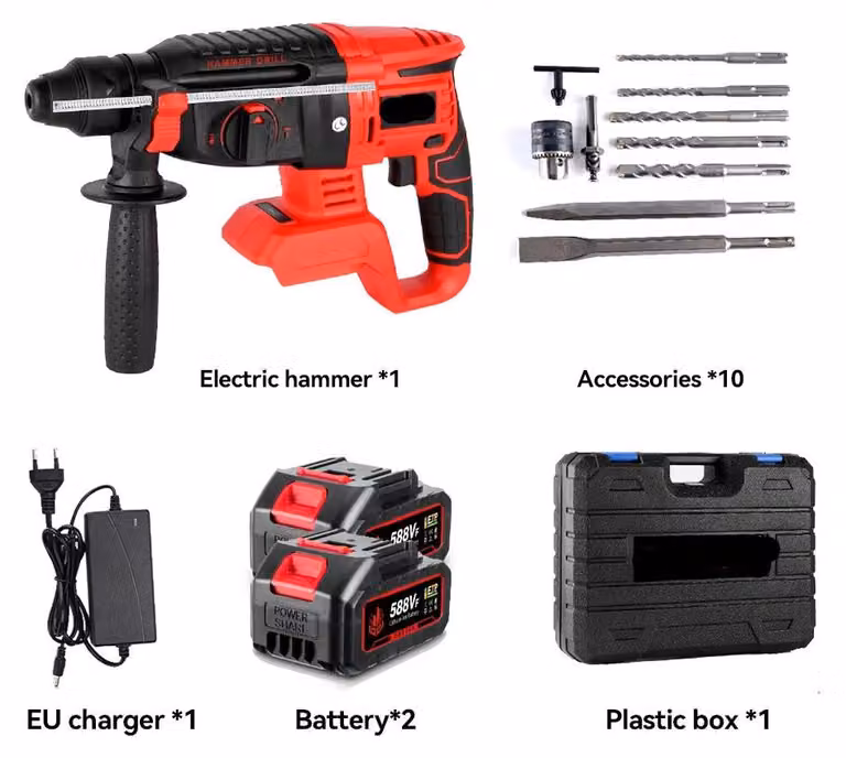 Trapano avvitatore - Trapano - Martello avvitatore elettrico - 2000W - 10600 colpi al minuto - Senza spazzole - Con 2 batterie