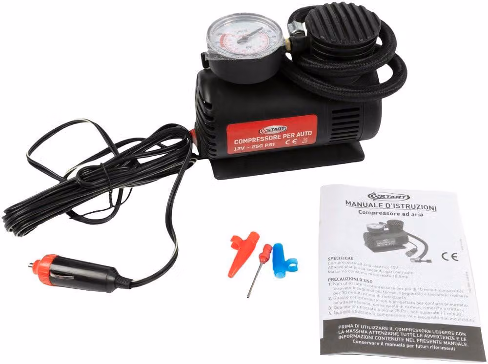 Compressore d'aria da 12V, 250 PSI, con accendisigari e manometro