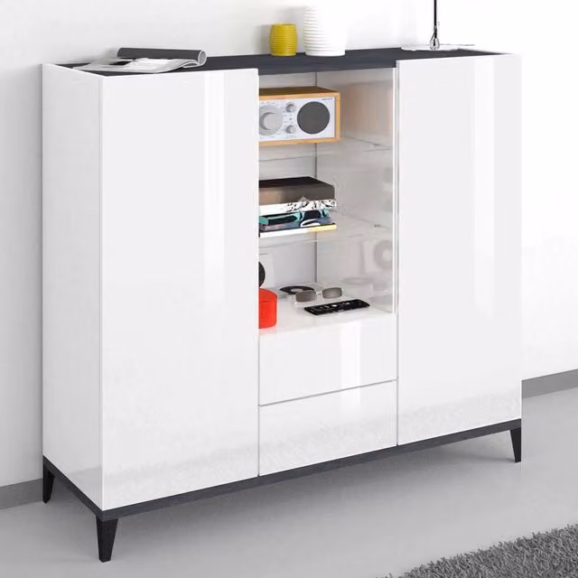 Credenza moderna a 2 ante e 2 Scirocco, Made in Italy, Madia con ripiani, Buffet di design da ingresso, Cm 120x40h133, Bianco lucido e Ardesia
