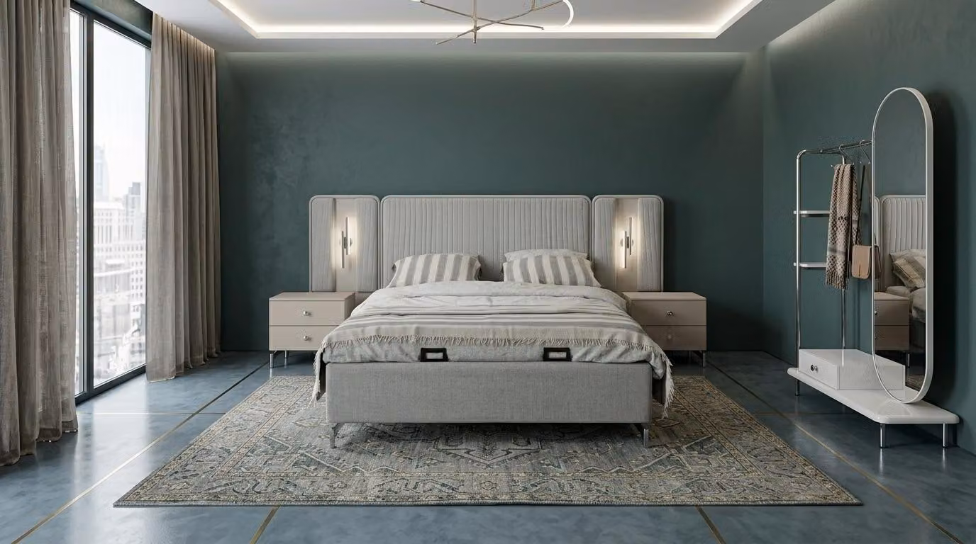 Due comodini, specchio, camera da letto, stile moderno, colore grigio, design confortevole