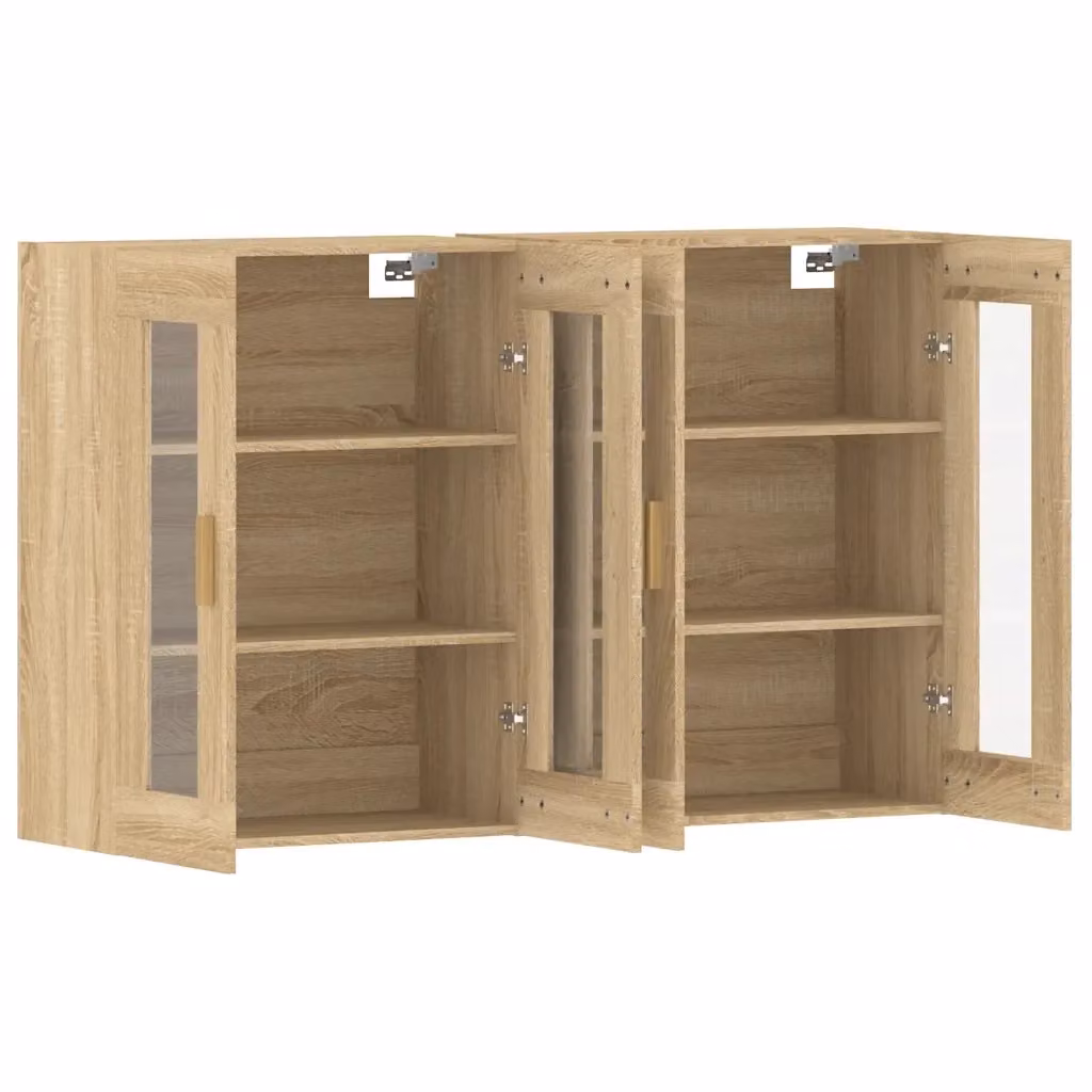 Set di 2 pensili a muro HELLOSHOP26 in legno rovere e vetro con ante in vetro, design moderno, colore marrone, L: 69,5 cm, P: 34 cm, H: 90 cm