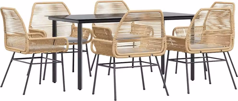 Set Pranzo da Giardino 7pz con Cuscini Marrone Polyrattan Vetro