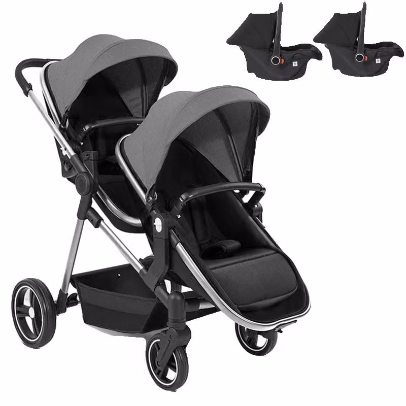 Carro gemellare, design 3-in-1, leggero e pieghevole, grigio con seggiolino auto