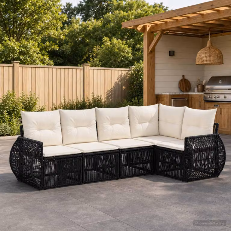 Maison Exclusive - Set da giardino composto da 5 pezzi. Divano da giardino in rattan sintetico, colore nero e crema