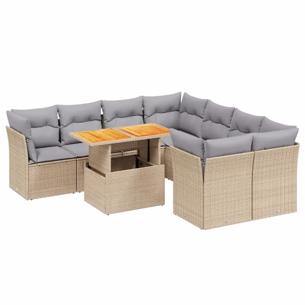 vidaXL Set Divano da Giardino a L 9 pz con Cuscini Beige e Tavolino da Esterno in Polyrattan e Legno di Acacia – 2