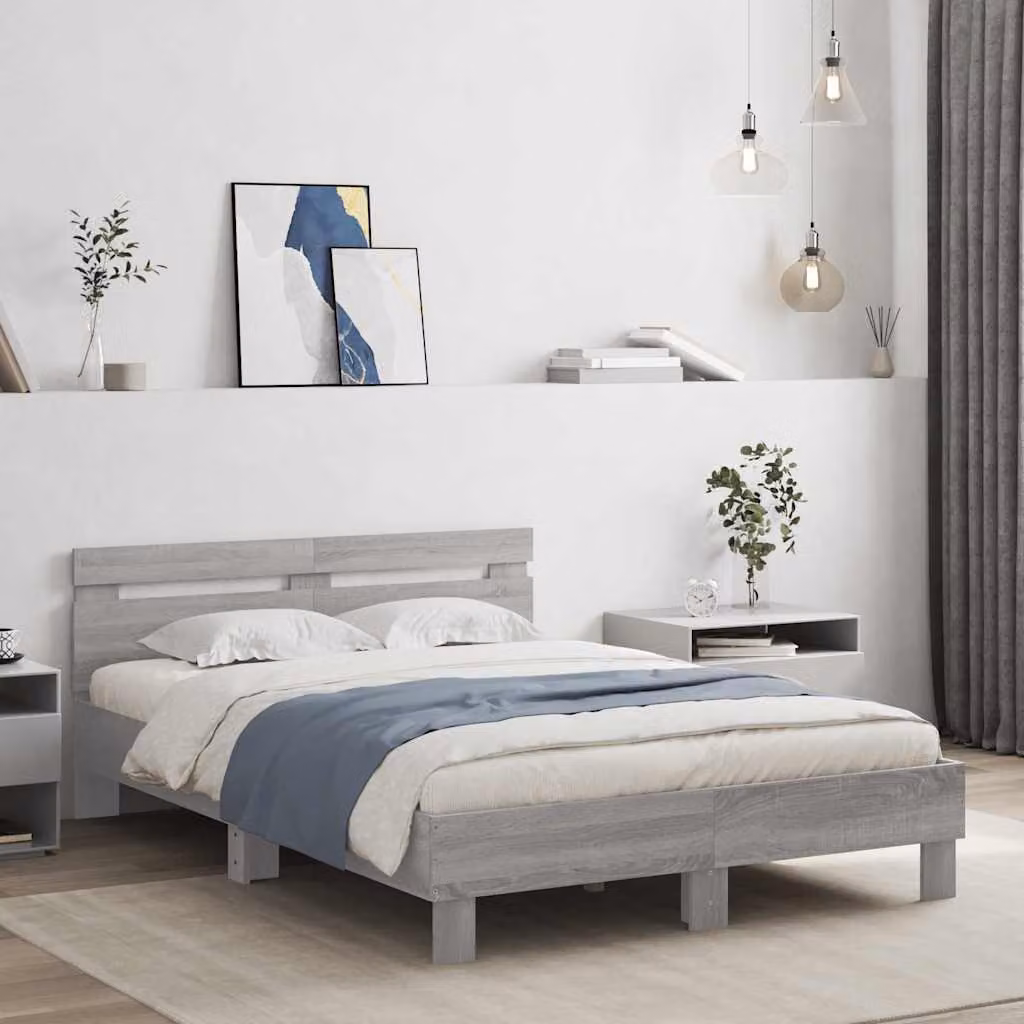 vidaXL Giroletto con Testiera, Illuminazione LED e Porta USB, Grigio Sonoma, L: 140 cm, P: 70 cm, H: 193 cm