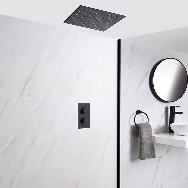 Sistema Doccia Termostatico Nero con Soffione Quadrato Incassato da 400mm (1 Via) - Nox