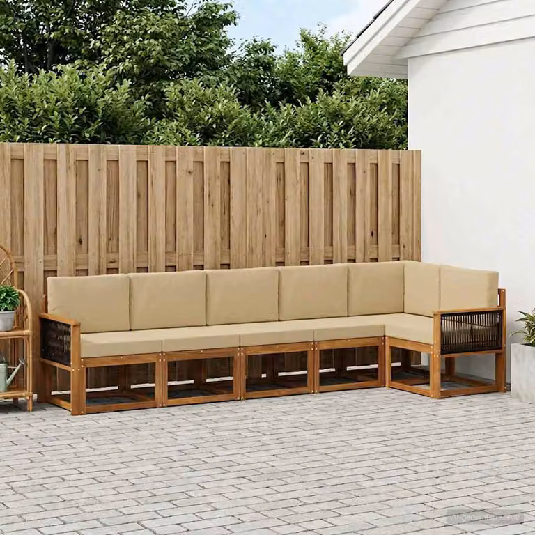Set di divani da esterno vidaXL a forma di L composto da 6 pezzi in legno di acacia con cuscini beige e sabbia