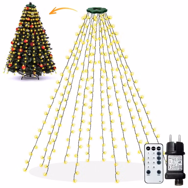 Illuminazione per albero di Natale, 2 metri, 240 LED, luce bianco caldo, con anello