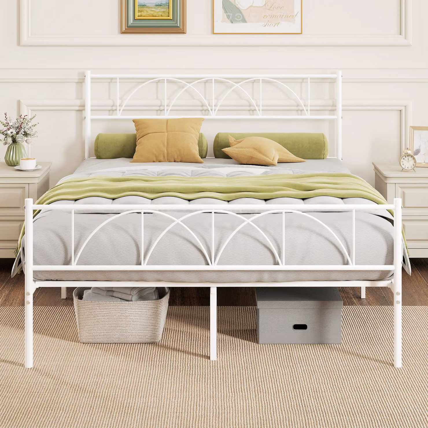 Struttura Letto con Testiera HOMCOM in Metallo Bianco con Supporto a Doghe e Spazio di Stoccaggio, L/P/H: 141.5 x 198 x 98 cm – 2