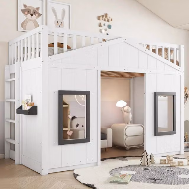 Letto a castello a casetta per bambini con scala, protezione anticaduta, finestra e letto inferiore configurabile, pino e MDF - Bianco 90x200 cm