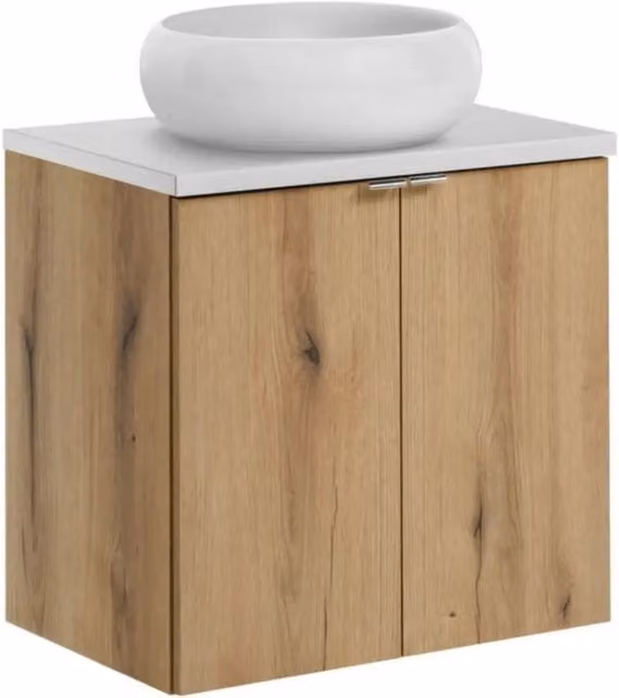 Set VANO effetto rovere e bianco 60cm: mobile sottolavabo con armadietti + piano per lavabo + lavabo da appoggio rotondo bianco