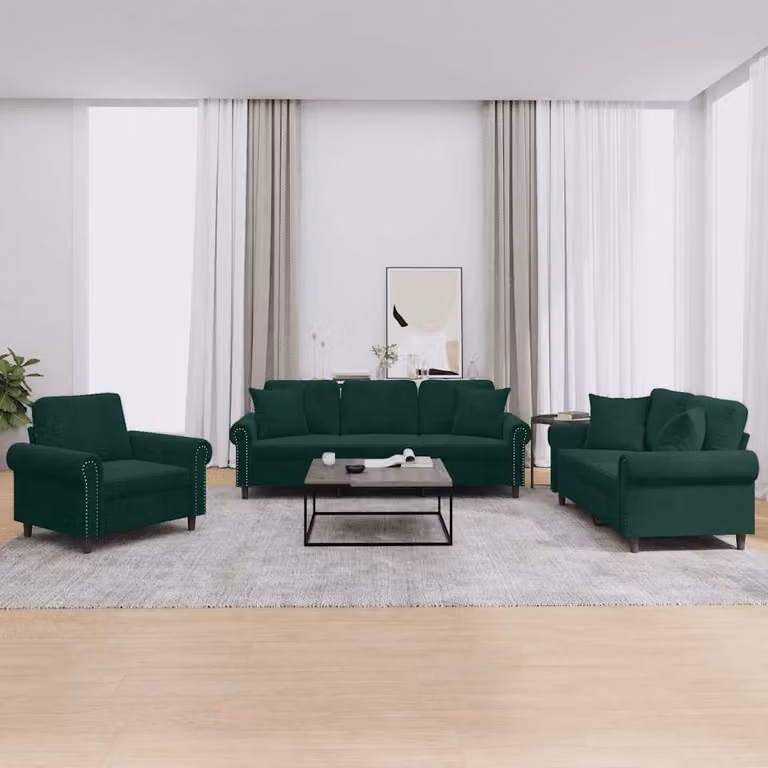 Set di divani vidaXL da 3 pezzi in velluto verde con cuscini, composto da un divano a 3 posti e un divano a 2 posti con struttura moderna e braccioli