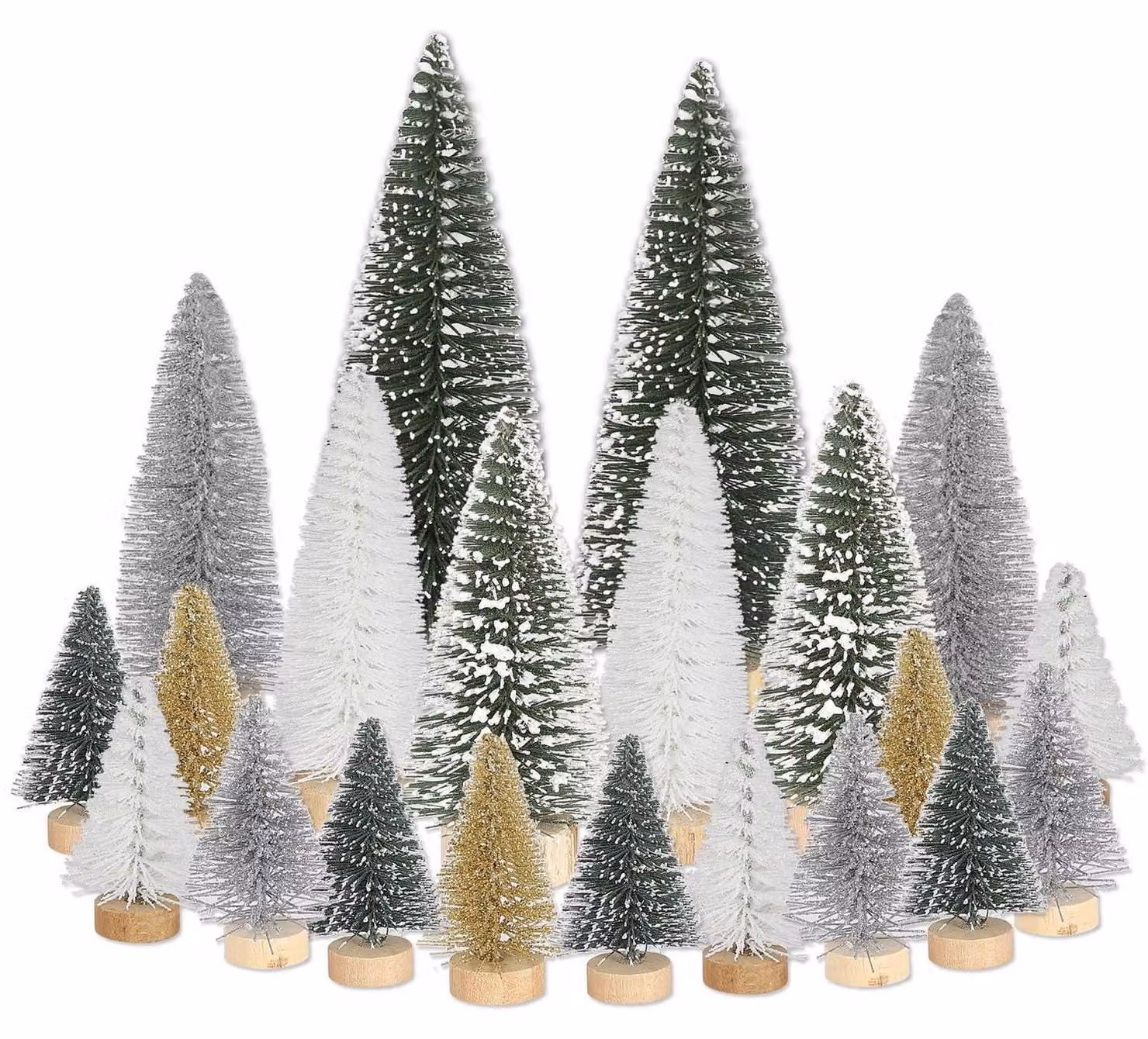 Mini decorazioni a forma di abete, 21 pezzi, artificiali, piccole, verdi, argentate, bianche e dorate, di 4,5/10/15 cm, ideali per decorazioni natalizie da tavolo, villaggi natalizi, accessori fai-da-te