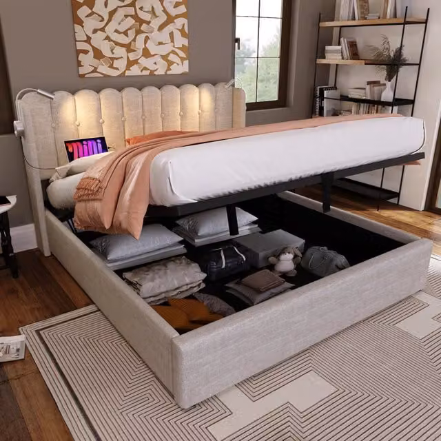 Letto matrimoniale WISHDOR imbottito con contenitore, luce da lettura e porta USB, colore beige, L/P/H: 160 x 200 x 165 cm