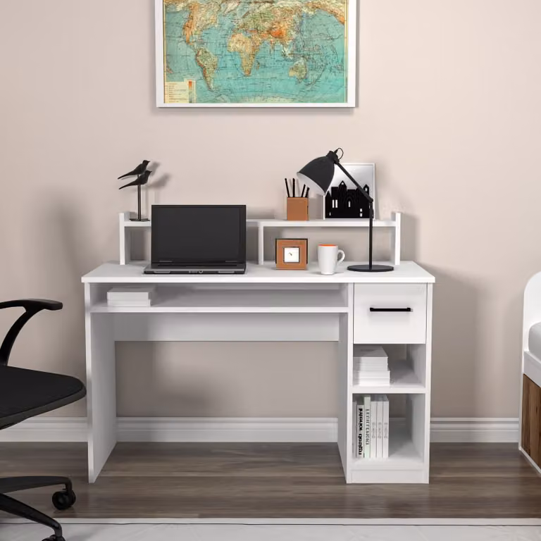 Skye Decor, Eslem - Bianco, scrivania, bianco, pannelli truciolari rivestiti al 100% in melamina, 99,3 x 120 x 55 cm