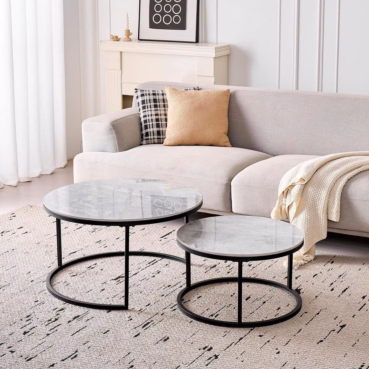 Set di tavolini da caffè rotondi, 2 pezzi, in Vetroceramica, grigio e nero, diametro 50+70 cm