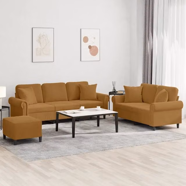 Set di divani vidaXL in velluto marrone composto da divano a 3 posti, divano a 2 posti e pouf con cuscini inclusi