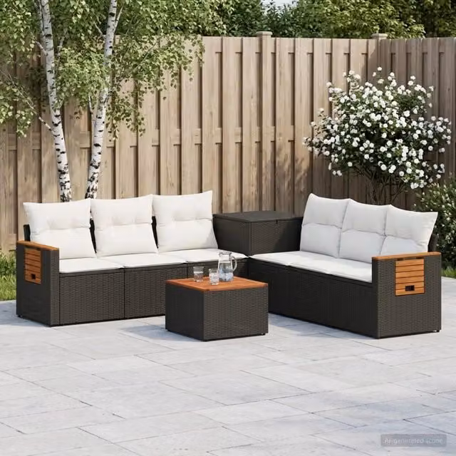 Set di divani da giardino a forma di U vidaXL in metallo nero e bianco con cuscini inclusi