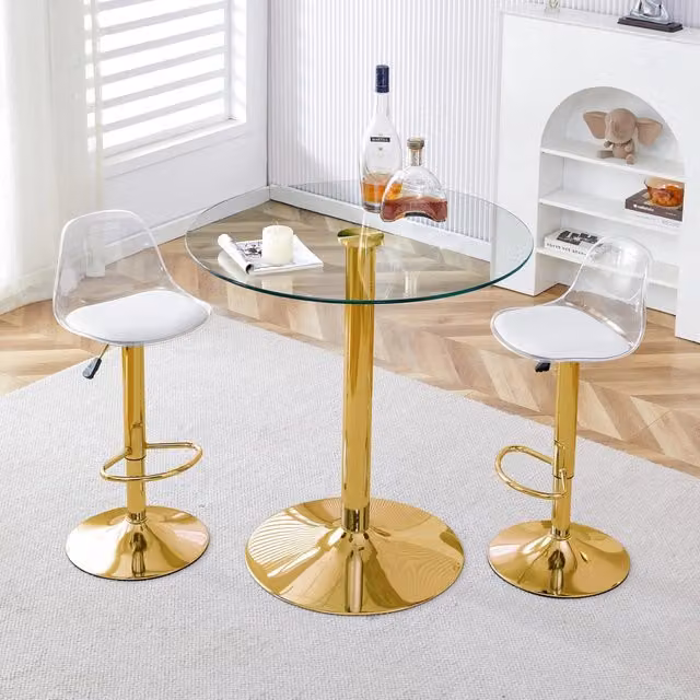 Set Bar Tavolo in Vetro Temperato + 2 Sgabelli ¨C MINIMAL ¨C Piano Rotondo 89 cm, Gambe Dorate, Altezza Regolabile