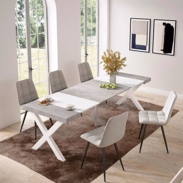 Consolle allungabile, 58 fino 262x90x73cm, Per 12 persone, Gambe in legno, Bianco e grigio cemento RF2818