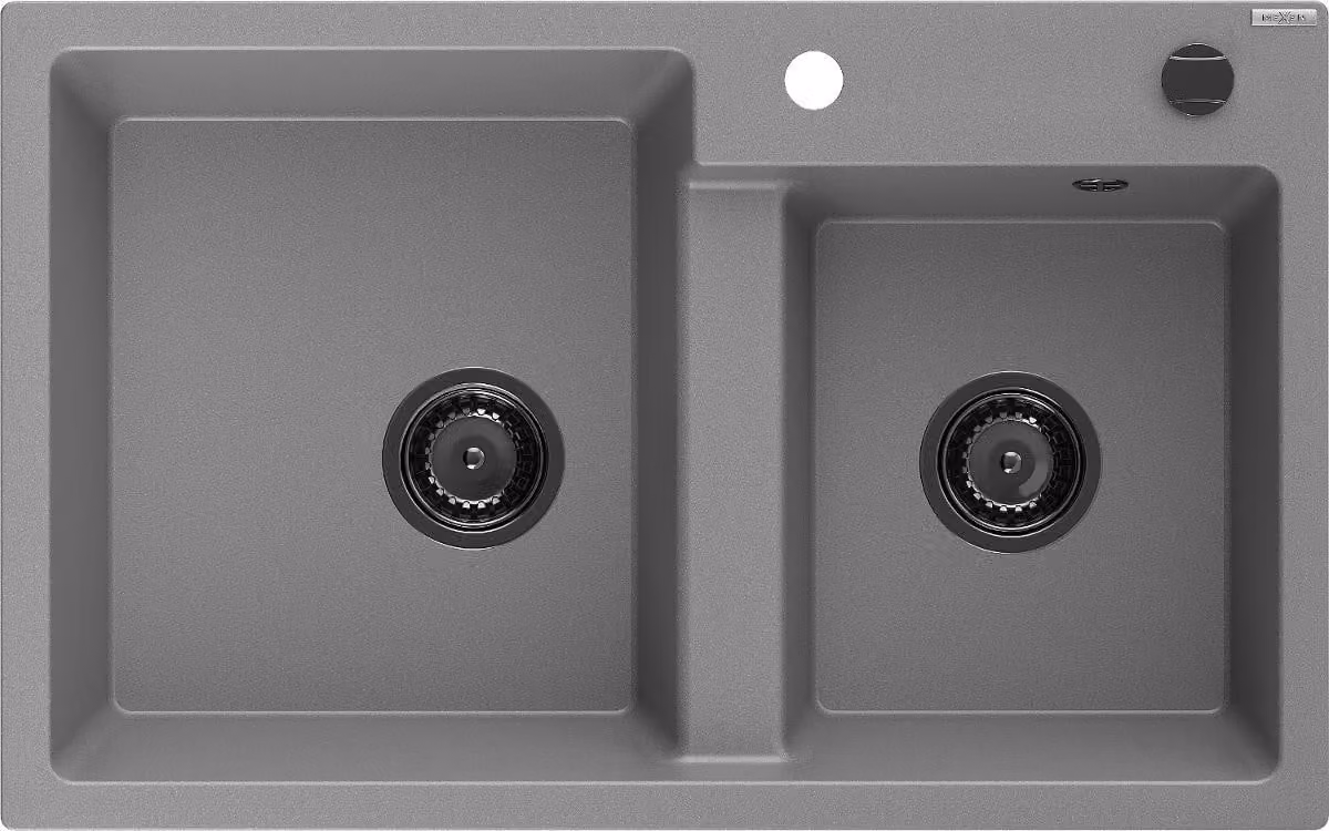 Mexen Tomas lavello in granito a 2 vasche 800 x 500 mm, grigio, sifone nero - 6516802000-71-B
