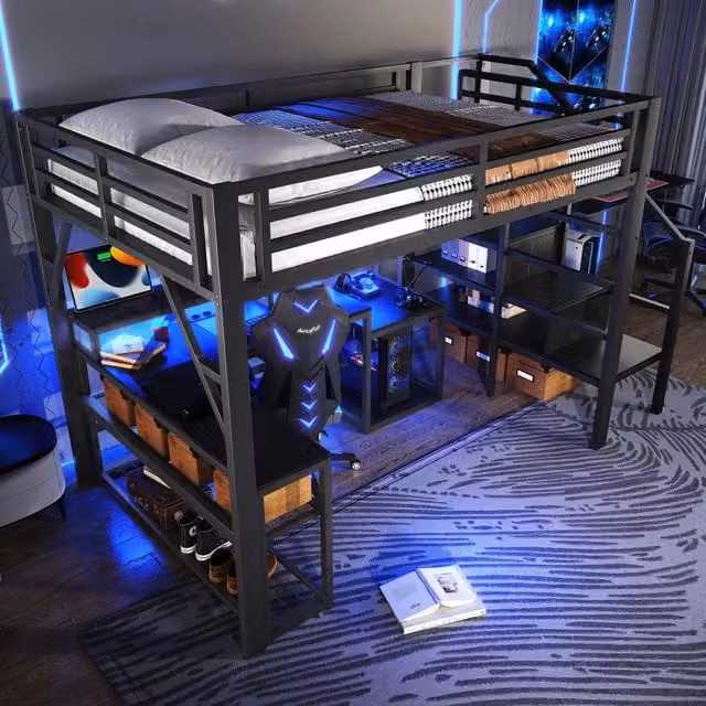 Letto a soppalco matrimoniale 140 × 200 cm, LED regolabile, scrivania, USB e ripiani, senza materasso, nero