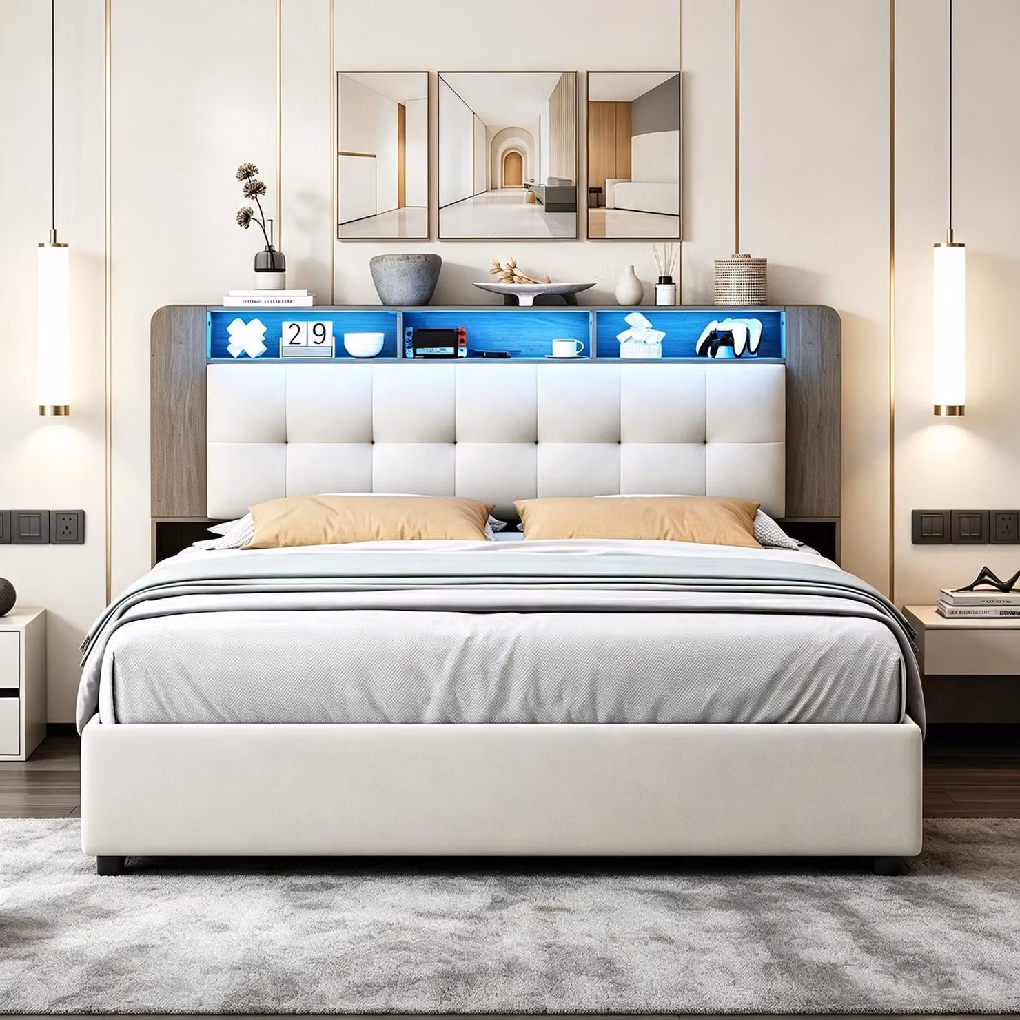 Letto matrimoniale con boxspring 160x200, dotato di illuminazione LED e sistema di ricarica wireless, imbottito, con sistema di sollevamento idraulico per lo spazio contenitivo, ideale per ragazzi, con rete a doghe e contenitore, rivestito in velluto, col